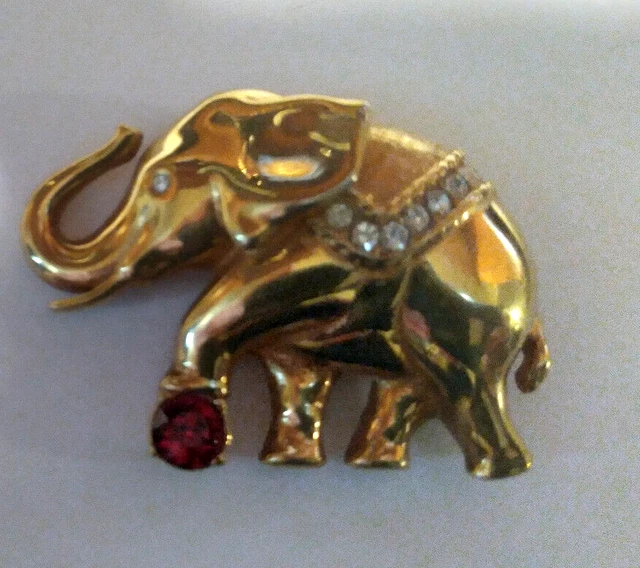 Swarovski Brooch Elephant Gold Tone Red and Clear Crystals 1 1/2 Inch