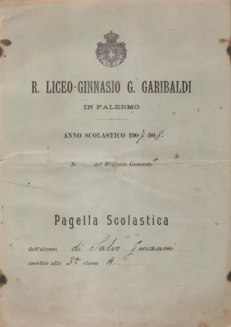 1907-1908 pagella R. Liceo Ginnasio G. Garibaldi - Palermo