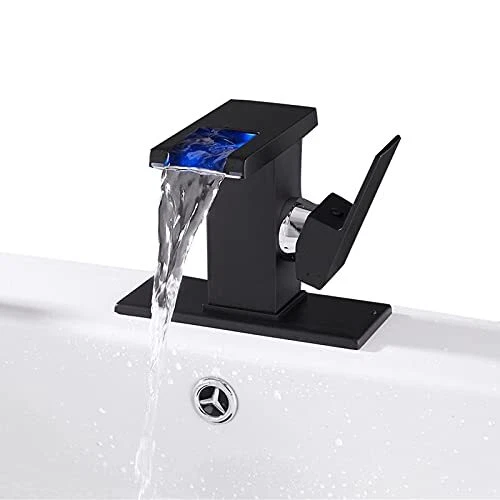 LED Light Bathroom Faucet Waterfall Black One Hole Single Handle Faucet for