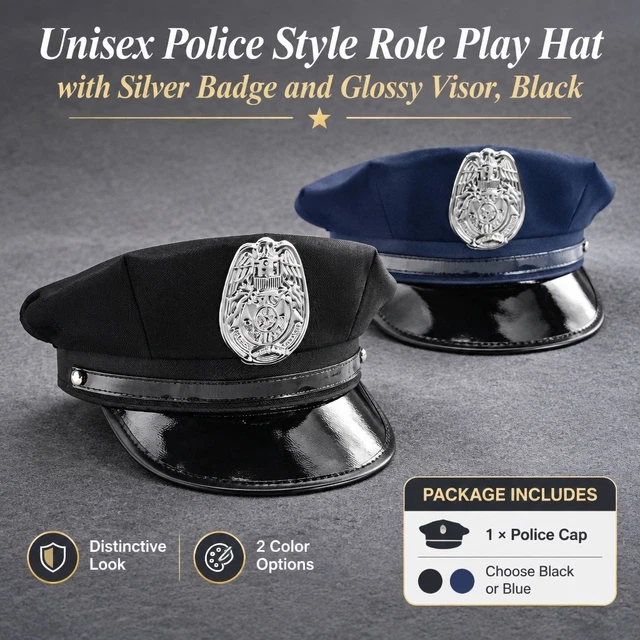 1X ADULT COSTUME Police Cap, Soft Octagonal Crown with Shiny Visor ...