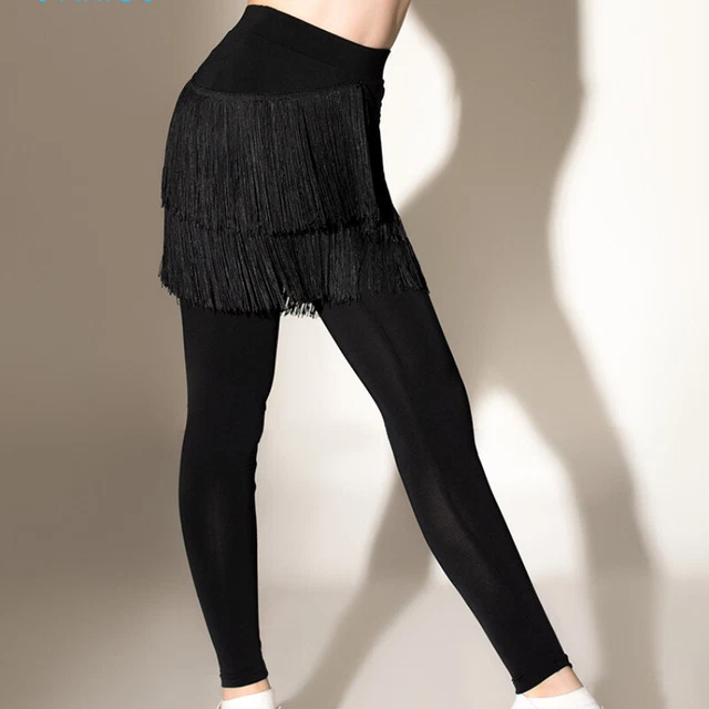 Girls Slim False Two Pieces Dance Trousers Pants Latin Practice Tassel Dancewear