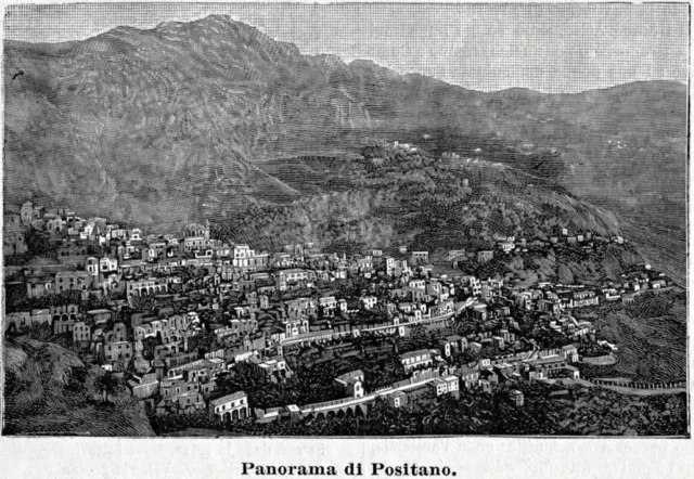 Positano: panorama. Stampa antica di 120 anni + passepartout. 1901