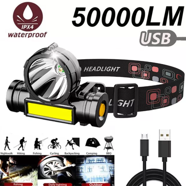 COB+LED Head Torch Outdoor Flashlight Headlamp Work Lamp Rechargeable Headlight