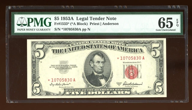 DBR 1953-A $5 Legal Gem STAR Fr. 1533* PMG 65 EPQ Serial *10705830A