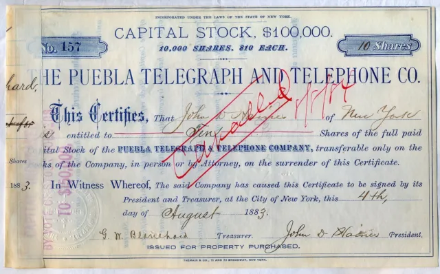 Puebla Telegraph & Telephone Co. Stock Certificate New York