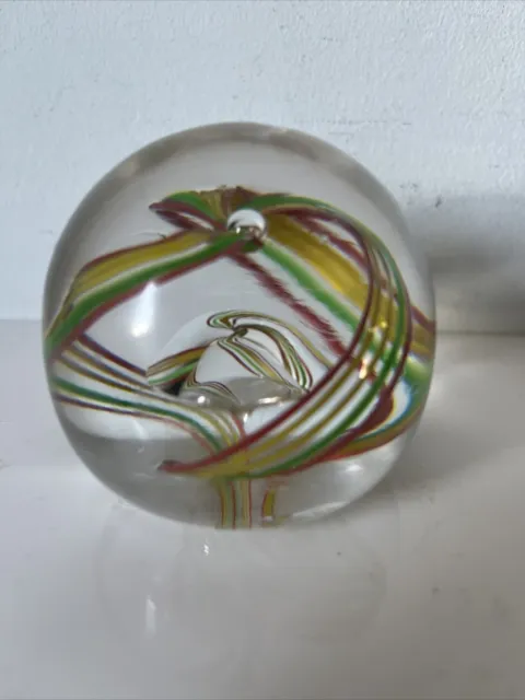 Deborah Fladgate Glass Paperweight- Green/ Orange Swirls- Signed