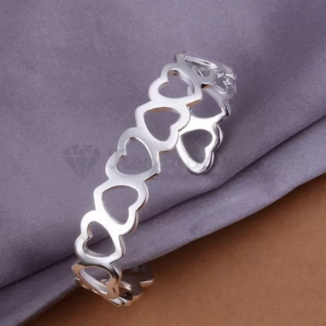 Open Hollow Heart Shaped 925 Sterling Silver Women Cuff Bracelet Party Jewellery