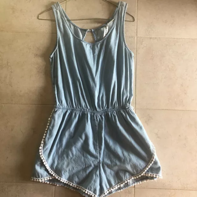 Chambray Jean Short Romper with Lace Macrame Trim Womens S Mimi Chica