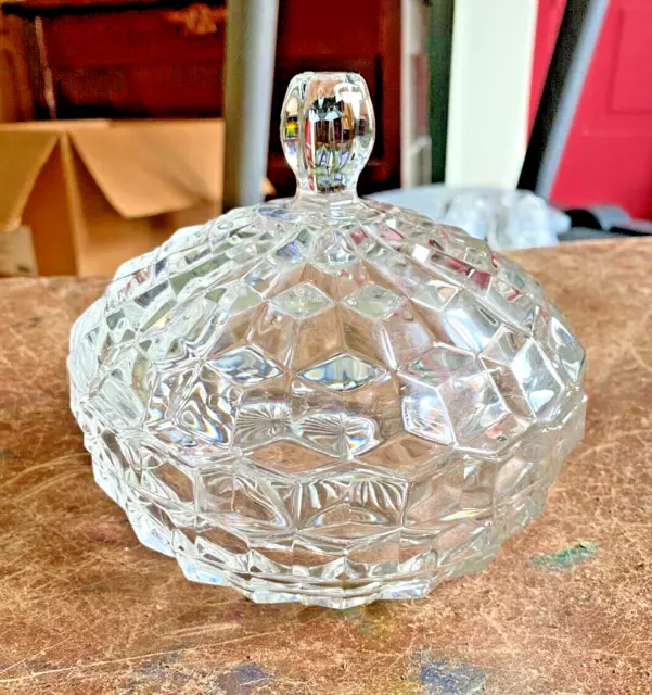 Vintage Elegant Fostoria Glass American Clear Round Covered Candy Dish Ground