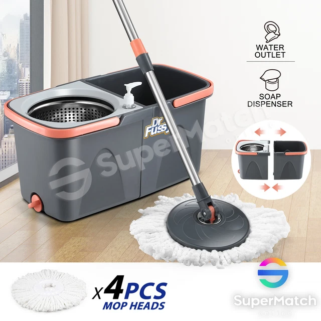 Magic Spin Mop Stainless Steel Twin Bucket 4 Microfiber Mop Heads Floor Cleaner