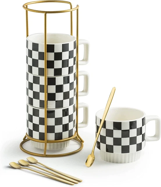 Stackable Coffee Mug Set of 4 with Rack 13 5 oz Tea Cup Set with Tea Spoon Perfe