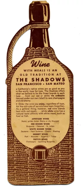 1950's The SHADOW'S RESTAURANT Wine & Liquor Menu San Francisco & San Mateo CA