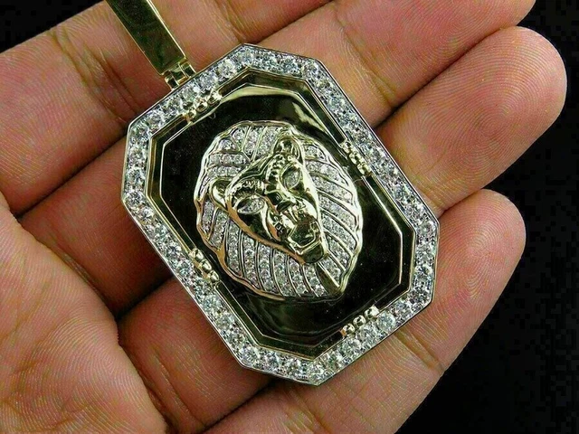 3Ct Round Cut Moissanite Men's Lion Head Charm Pendant 14K Yellow Gold Plated