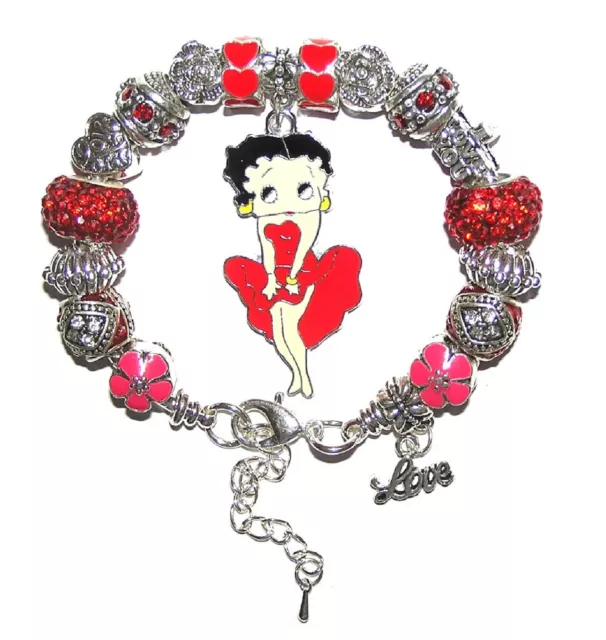 Betty Boop Bracelet, Valentine's Day Red Hearts & Flowers, Crystals