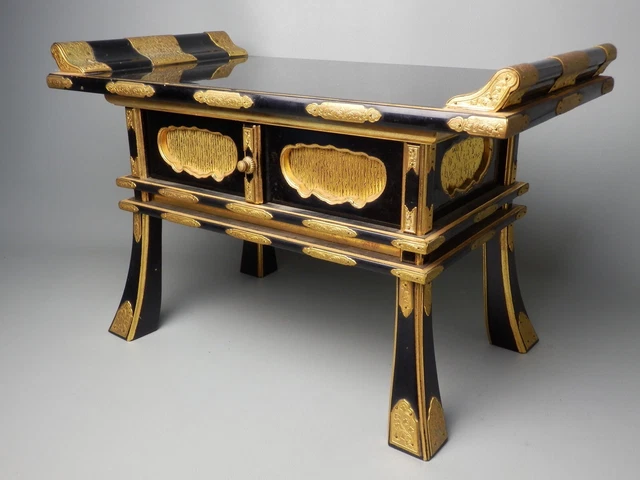 Japanese Vintage Buddhist Lacquered Wood Altar Stand Table Kyozukue Drawer Metal