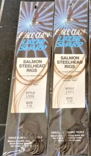 2 packs - Eagle Claw L559 Salmon Steelhead Rigs size 1/0 hook 10# test 30" snell