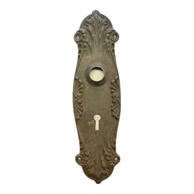 Antique Heavy Ornate Cast Iron Victorian Door Knob Back Plate 9 1/4” X 2 1/2”