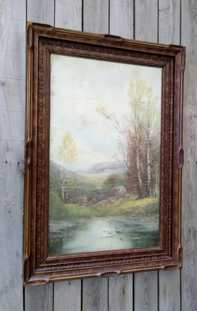 Antique Vintage Oil Pastel Landscape in Original Art Deco Picture Frame w/ Glass