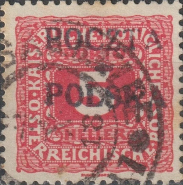 USED 1919 POLAND 5 Hel RED Digit in Octagon POCZTA POLSKA Overprint