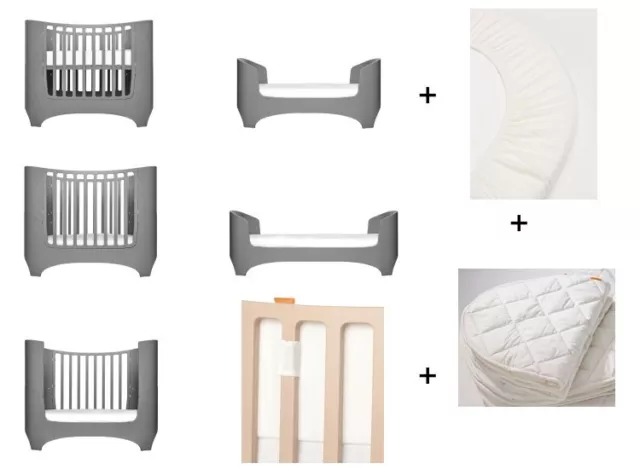 grau Leander Bett + 1 Set Spannbetttücher + 1 Matratzenauflage + Nestchen weiß