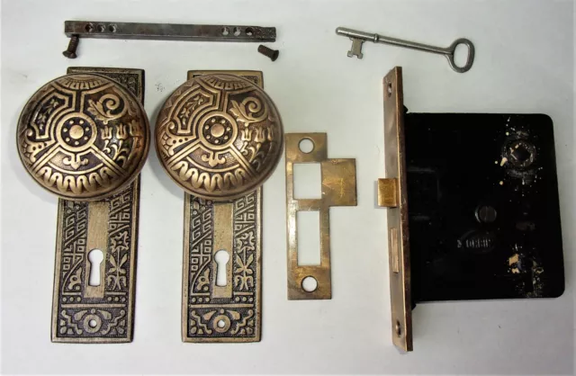 Antique Set EASTLAKE VICTORIAN AESTHETIC Backplates Door Knob Mortise Lock w Key