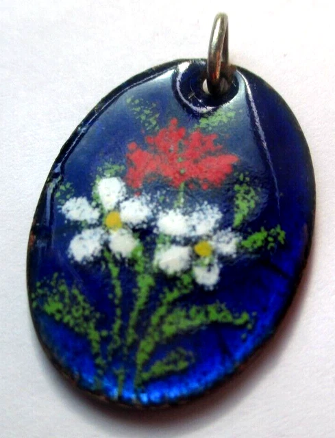 Pendentif Ovale En émaux D'art Floral Vintage - Bijou Unique, Parfait état