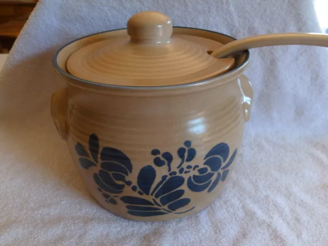 Vintage Pfaltzgraff Blue Tan Folk Art Soup Tureen Bean Pot with Ladle and Lid