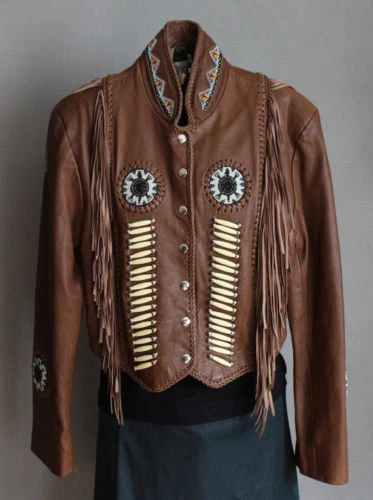 Gilet En Cuir De Vachette Vintage Années 80 - Franges Et Os, Marron, Neuf Avec étiquettes
