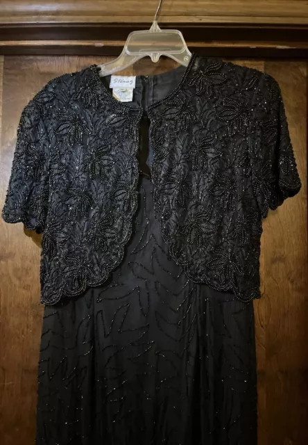 Stenay Evening Dress Womans Sz 10 Silk Sequin Beaded Black Short Sleeve