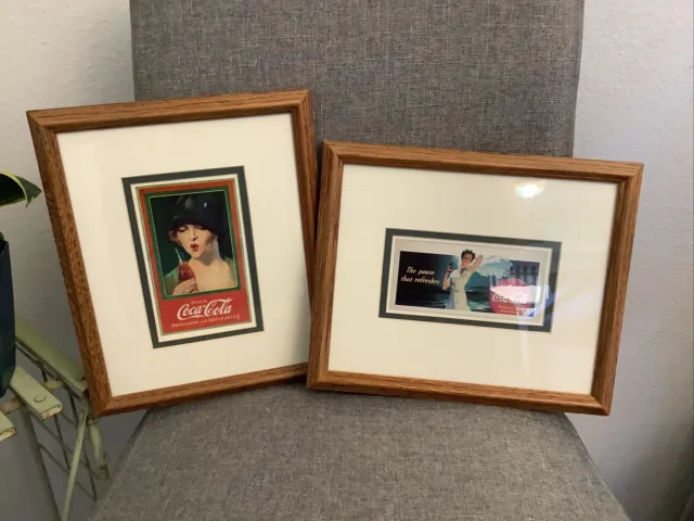 2 COCA COLA WOMEN MATTED GLASS WOOD FRAMED PICTURES 9x11-EXCELLENT!