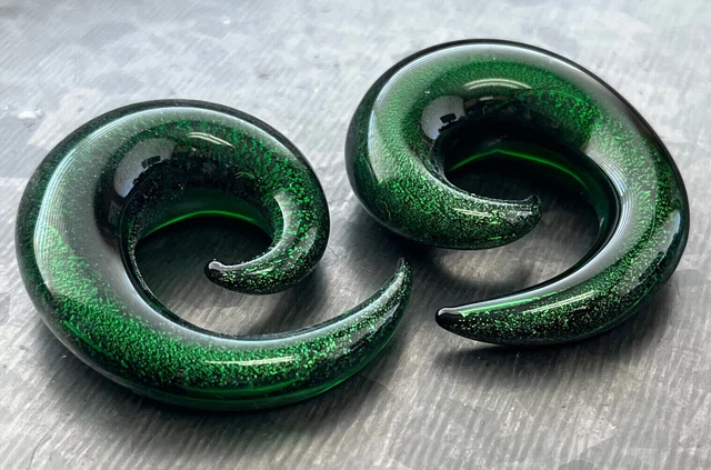 PAIR Green Glitter Glass Spiral Hanging Tapers Expanders Plugs Gauges