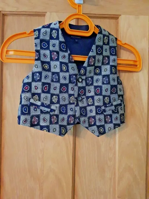 Adorable Boys Waistcoat Age 3 Debenhams Patterned Front Navy Back Used Condition