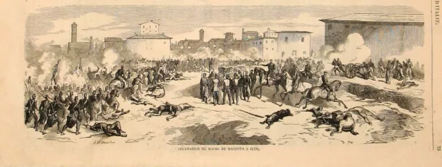 Stampa antica VEDUTA di MAGENTA Milano con truppe 1859 Old print