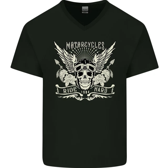 Motocicletta Ride Rigido Biker Teschio Moto Uomo Scollo A V Cotone T-Shirt