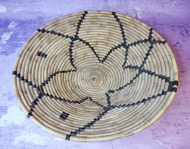 Native African Tribal Hand Woven Coil Basket Bowl Flower Vintage 12 Inch