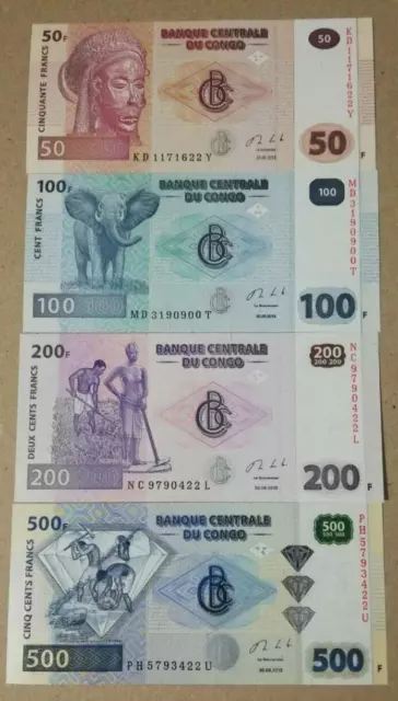 Congo 50 - 100 - 200 - 500 Francs 2013  Unc 4 Pcs Banknote Set