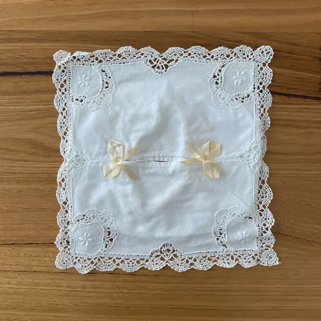 White Cotton Tissue Box Cover With Hand Embroidered flowers and Battenburg Lace