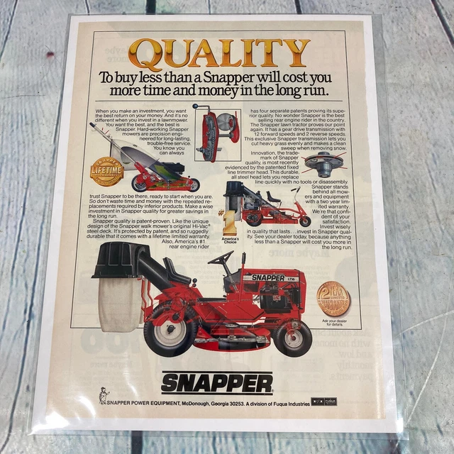 VINTAGE 1989 SNAPPER Lawn Tractor Mower Magazine Advertisement Print Ad