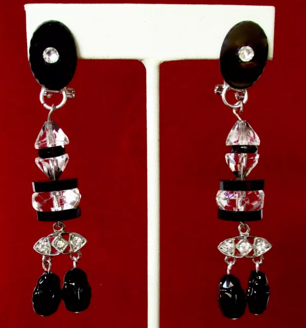 Pair of Antique Art-Deco French Jet (Black Glass) & Clear Crystal Earrings/Omega