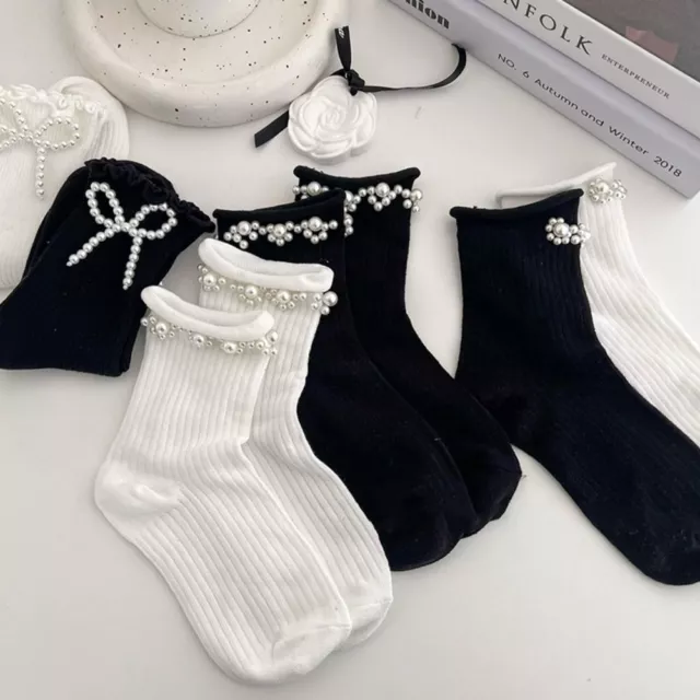 Cotton Pearl Socks Cute Bow Mid-tube Socks  Matching Leather Shoes