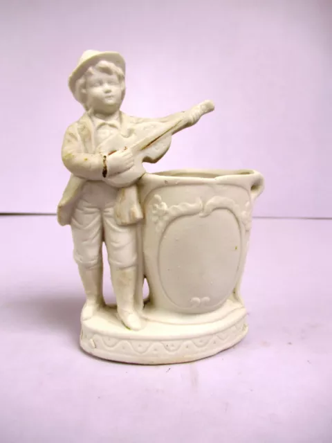 Antique Bisque Porcelaine Figurine Vase Boy Playing Violon Blanc Allemagne " F