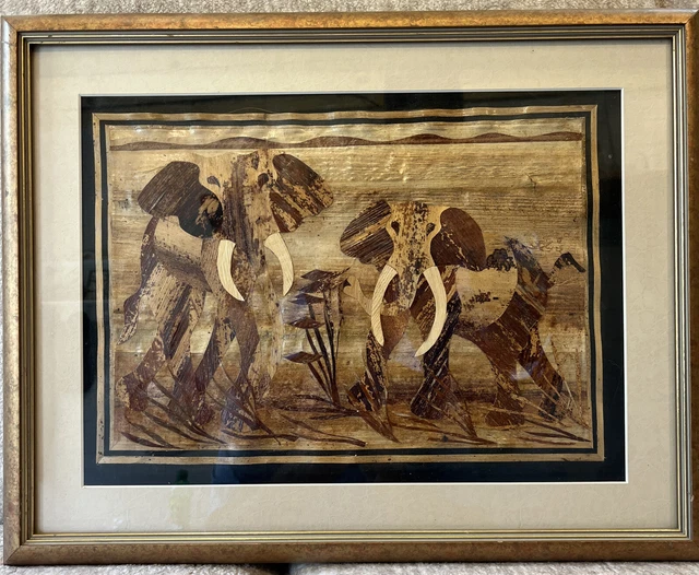 Pair of Elephants wood framed wallhanging In Very Nice Condition 14” X 10”