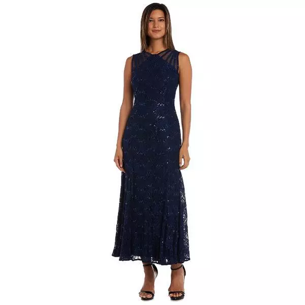 R&M Richards Sequined Lace Gown with Sheer Inserts Navy