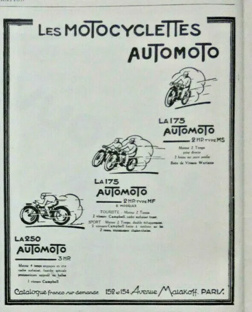 1927 PRESS ADVERTISEMENT LES MOTORCYCLLETTES AUTOMOTO LA 175 and 250