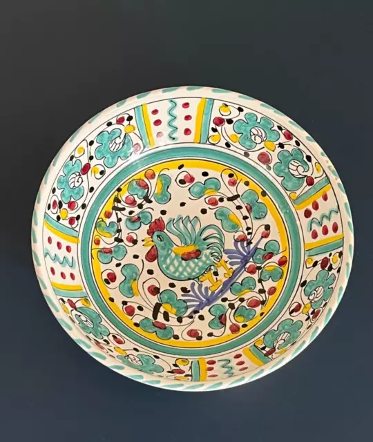 Orvieto Deruta Italy Hand Painted Dipinto A Mano Green Rooster Pottery Bowl 8" D