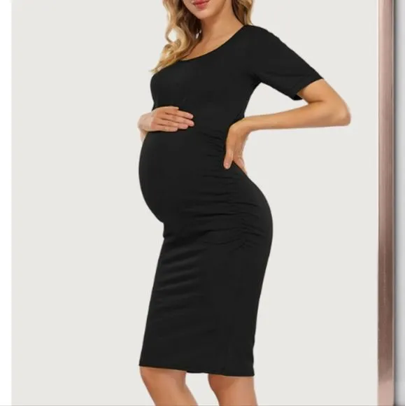 ASOS Maternity Black Scoop Neck Elbow Sleeve Bodycon Dress