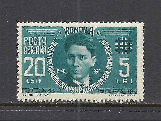 ROMANIA SCOTT CB1 MH VF - 1940 20l + 5l PRUSS BLUE - AIRPOST SEMI-POSTAL ISSUE