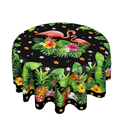 Tropical Leaf Tablecloth Round 60 Inch Funny Flamingo Table Cover Washable Po...