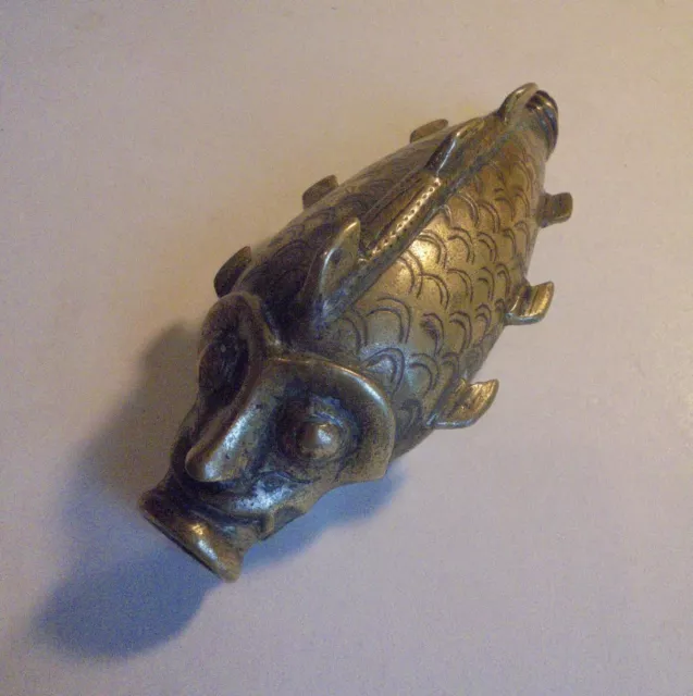 Antique Brass or Bronze Gunpowder Flask , Fish Design