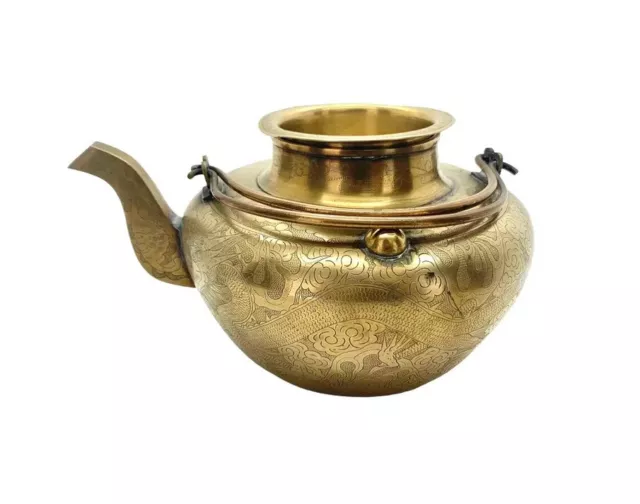 Teapot Brass with Dragon Engraving Design Vintage Oriental Collectibles Decor